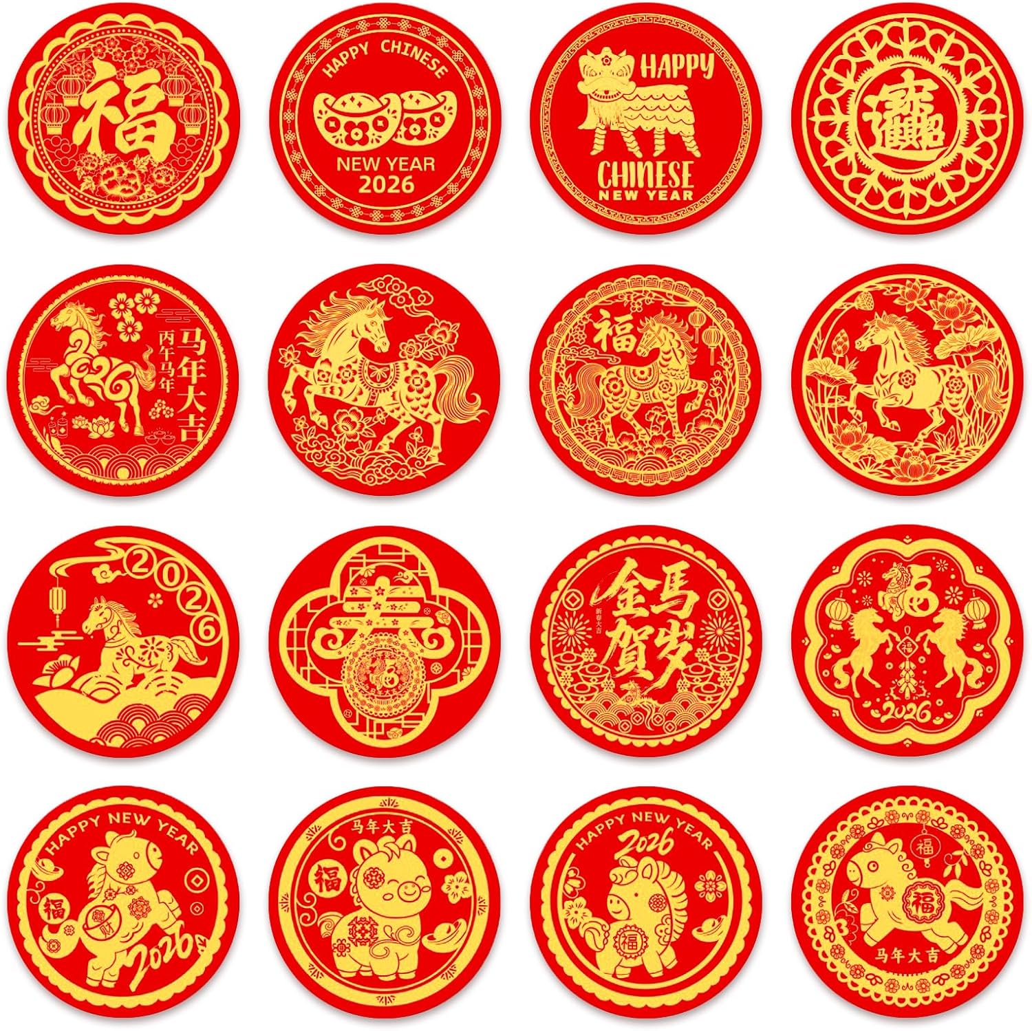 192PCS Gold Year of The Horse Candy Stickers Happy Chinese New Year Stickers 2026-0.9" Lunar New Year Gift Sticker Labels Spring Festival Party Supplies Chinese New Years Decorations
