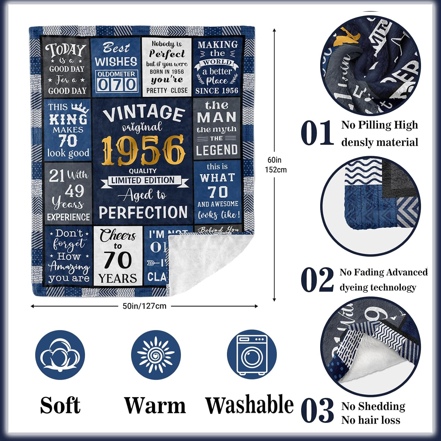 Ryubein 70th Birthday Gifts for Men, 70 Year Old Birthday Gifts for Men, Best Gifts for 70 Year Old Man, 1956 Birthday Gifts for Man, 70th Birthday Decorations Ideas Present Throw Blanket 50" X 60" - Image 6