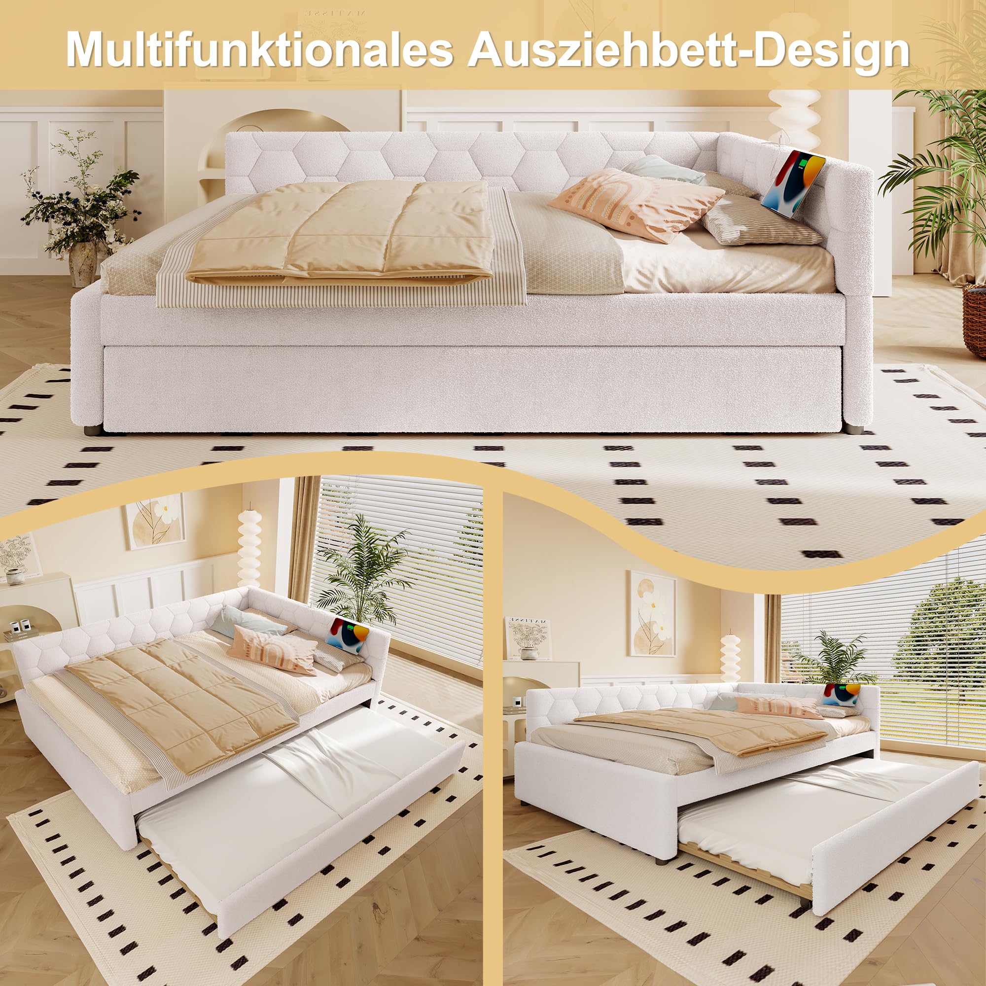 Letto Tessile 140x200cm con Sommier a doghe stabili e Struttura Letto Matrimoniale fissa divano letto estensibile secondo letto estraibile schienale geometrico vlies Bianco