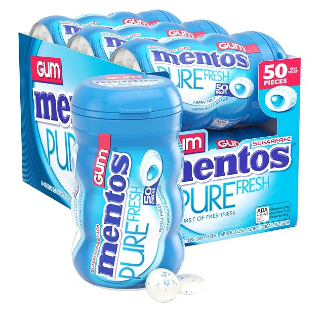 Mentos Pure Fresh Sugar-Free Chewing Gum with Xylitol Fresh Mint 50 Count Pack of 6
