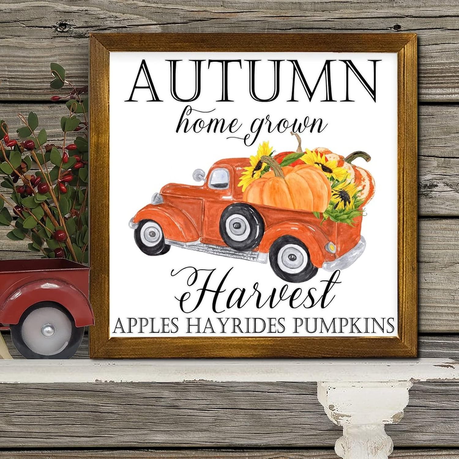 Autumn Harvest Home Grown Orange Truck Framed Wooden Signs Pumpkin Sunflower Gnome Wall Art Sign Vintage Autumn Harvest Wall Decor Farmhouse Rustic Wooden for Living Room Shelf Home 12x12 inch