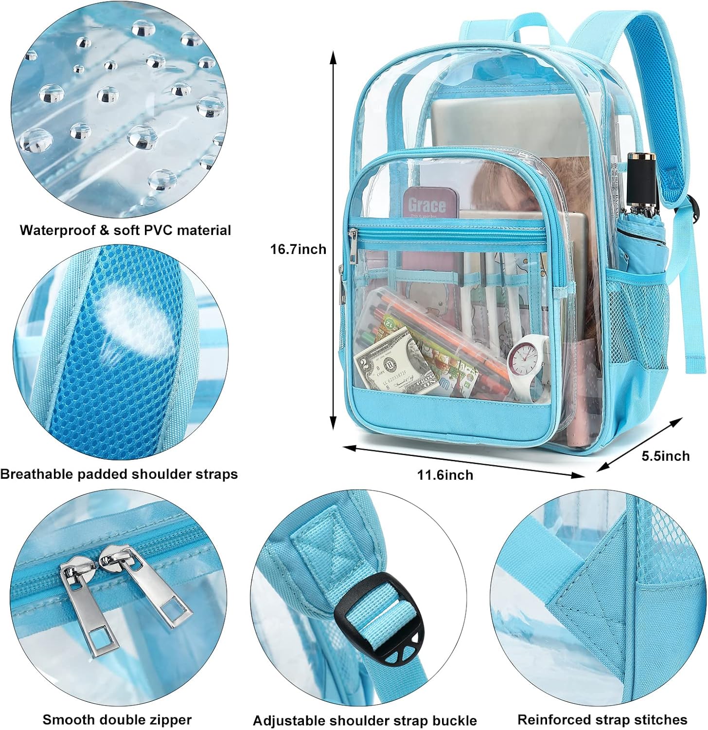 Heavy Duty Clear Backpack, School Backpack College Bookbag PVC See Through Transparent Backpacks (Sky Blue) - Image 4