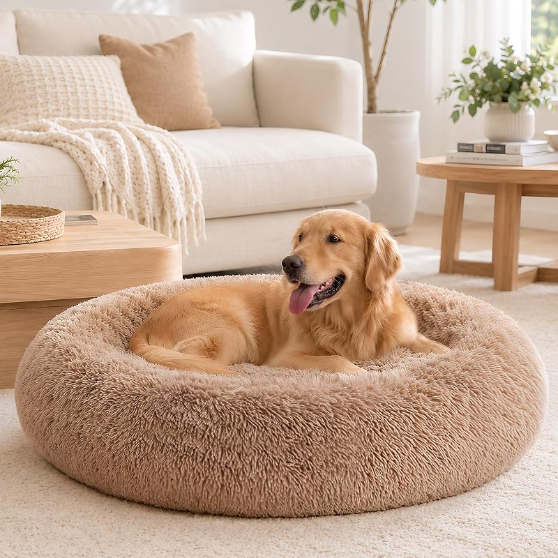 Cama Donut para Cães e Gatos Sweetcrispy em Pelúcia Sintética Marrom, 77,98 x 77,98 x 16 cm