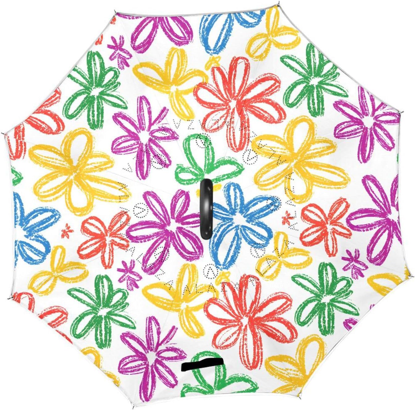 Flower Crayon Pattern Inverted Umbrellas for Rain Windproof Reverse Upside Down Golf Umbrella with C-shape Handle for Men Women