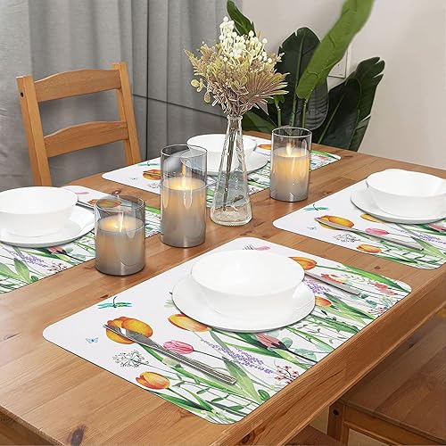 Miniatura 8 de U'Artlines Juego de 4 manteles individuales de PVC, diseño de tulipanes y mariposas, resistentes al calor, resistentes al calor, impermeables, para