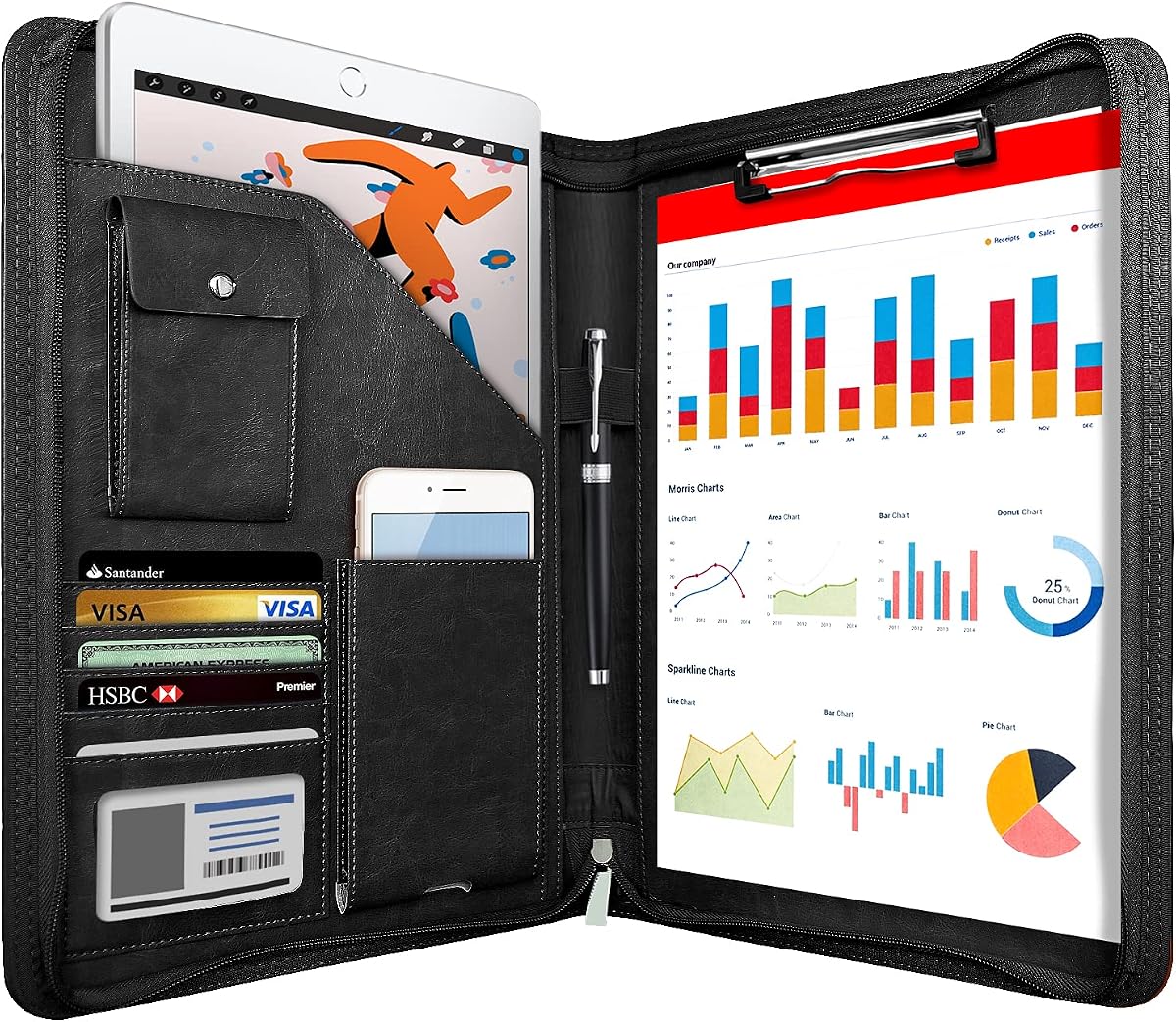 Zippered Padfolio Organizer, 10.2 Inch Portfolio Folder, Black | Leather Planner Binder, For Documents, Letter Size, Business Card Holder, For Men&Women