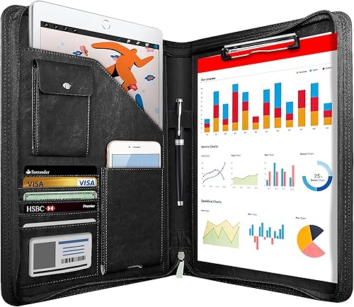 WRIYES organizador padfolio de cuero con cremallera, carpeta tipo portafolio de 10.2 pulgadas para documentos, tamaño carta, con tarjetero para Negro