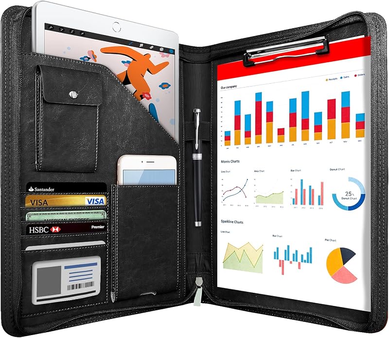 Zippered Padfolio Organizer, 10.2 Inch Portfolio Folder, Black | Leather Planner Binder, For Documents, Letter Size, Business Card Holder, For Men&Women