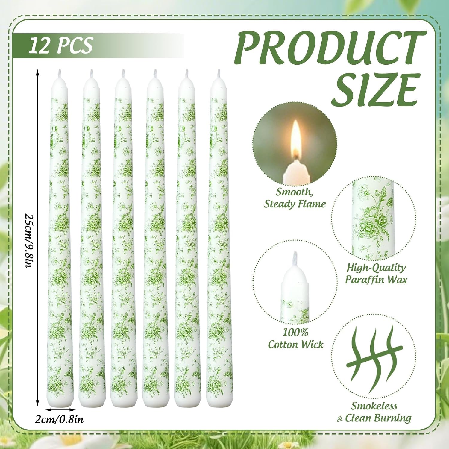 Whaline 12 Pcs Sage Green Floral Taper Candles 10 Inch Wax Taper Candles Vintage Chinoiserie Flower Long Unscented Candle Sticks for Wedding Birthday Baby Shower Party
