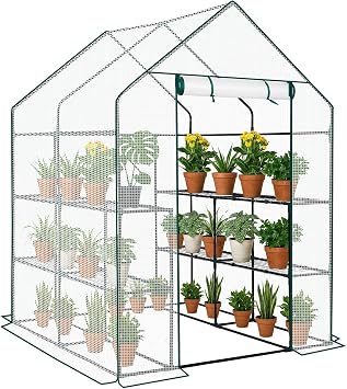 Walk In Greenhouse with 3 Tiers 8 Shelves, Zipper Rolling Door | PE Plant Green House, Portable Outdoor Plant House for Garden Growing Plants, 143x143x195cm, White
