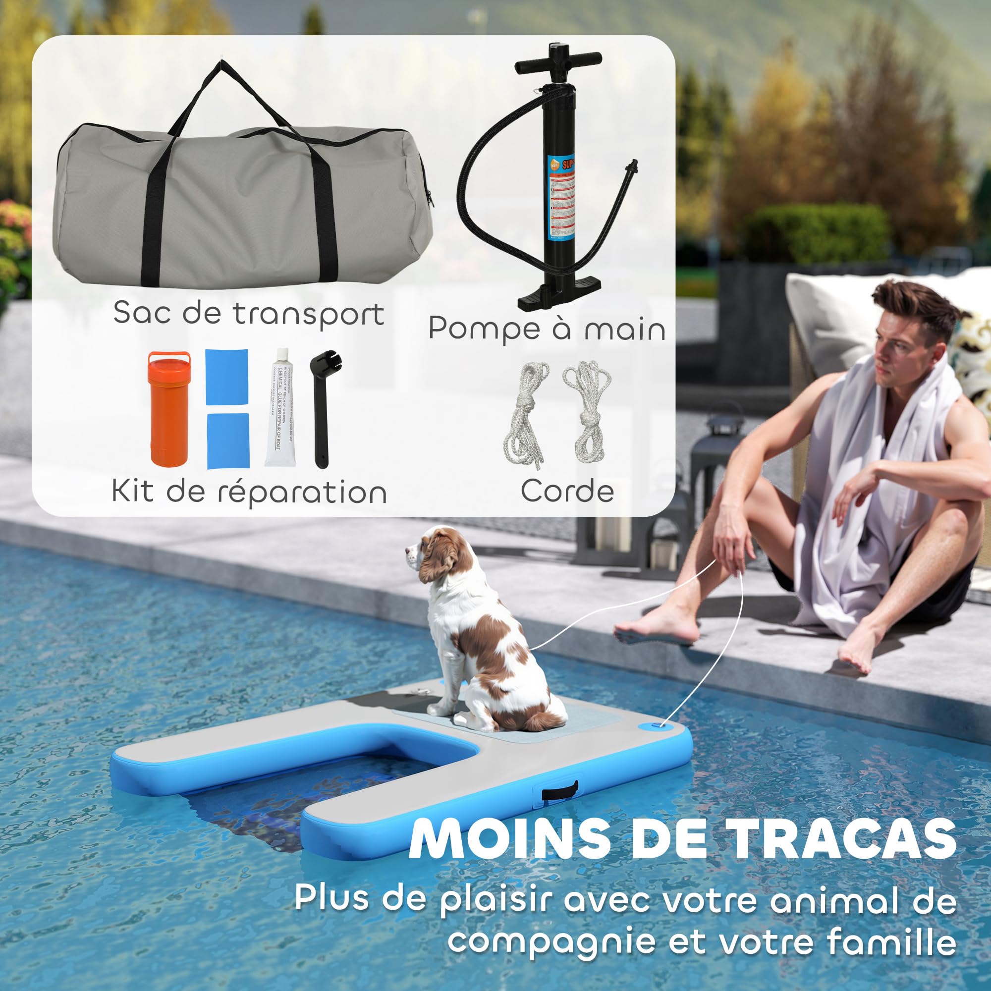 PawHut Rampe Gonflable de Radeau pour Chien antidérapante Bleu et Gris | Plate-forme flottante de sports nautiques, échelle flottante pour piscine, lac, bateau
