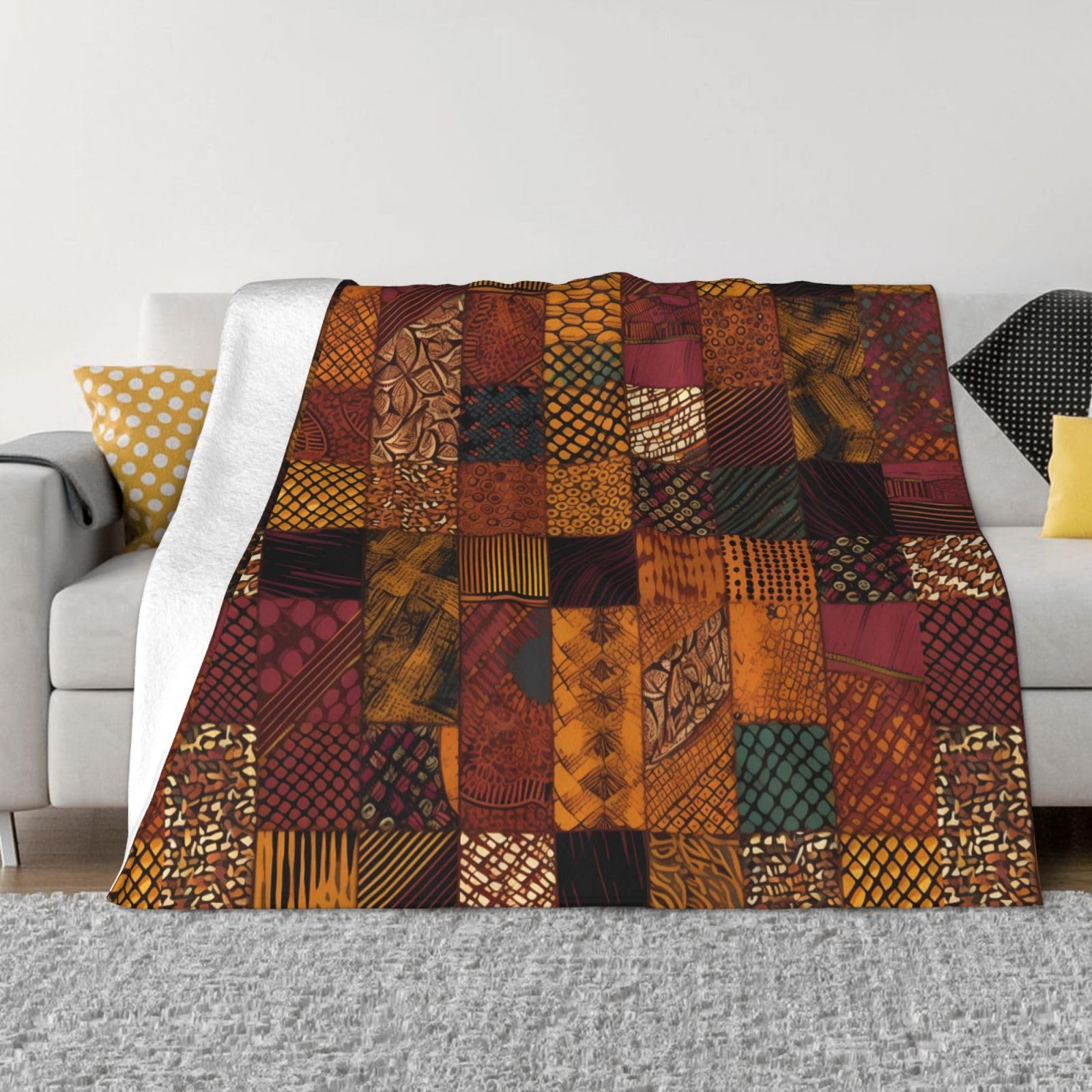 KLOPH African Style Patchwork Throw Blanket 60"x50" Flannel Fluffy Warm Blanket for Couch, Reversible Plush Blankets for Bed, Comfy Fuzzy Blanket for Sofa, Plush Lightweight-Blankets for All Season