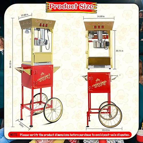 Miniatura 2 de Máquina de palomitas de maíz vintage con carro, hervidor de acero inoxidable de 12 onzas y luz de calentamiento, hace hasta 60 tazas, ideal para