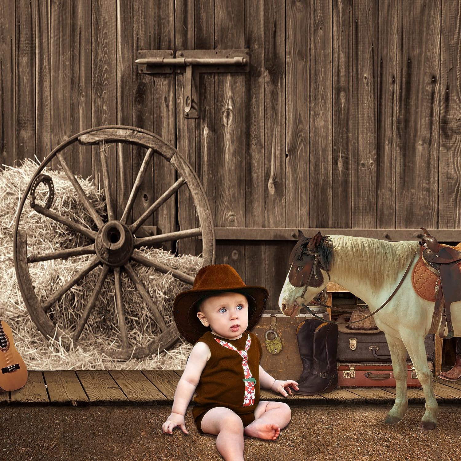 3.6x3m Sfondo Western Cowboy Vecchia porta del fienile con ruota antica balle di fieno pagliaio Sfondo fotografico a tema campagna Decorazioni per feste occidentali Bambini adulti Photoshoot Props