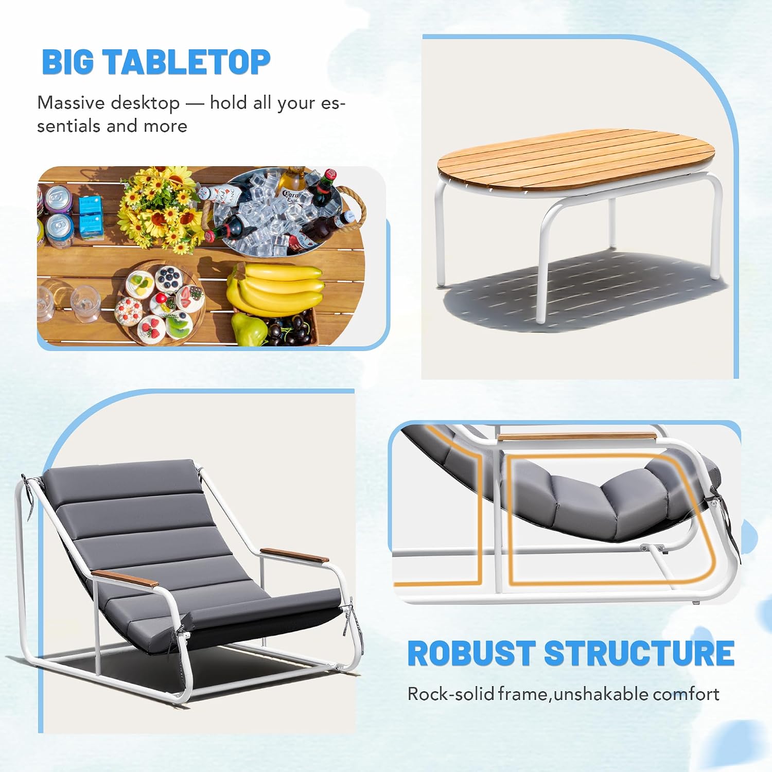 Close-up images showing the spacious tabletop and robust structure of the Greesum patio set.