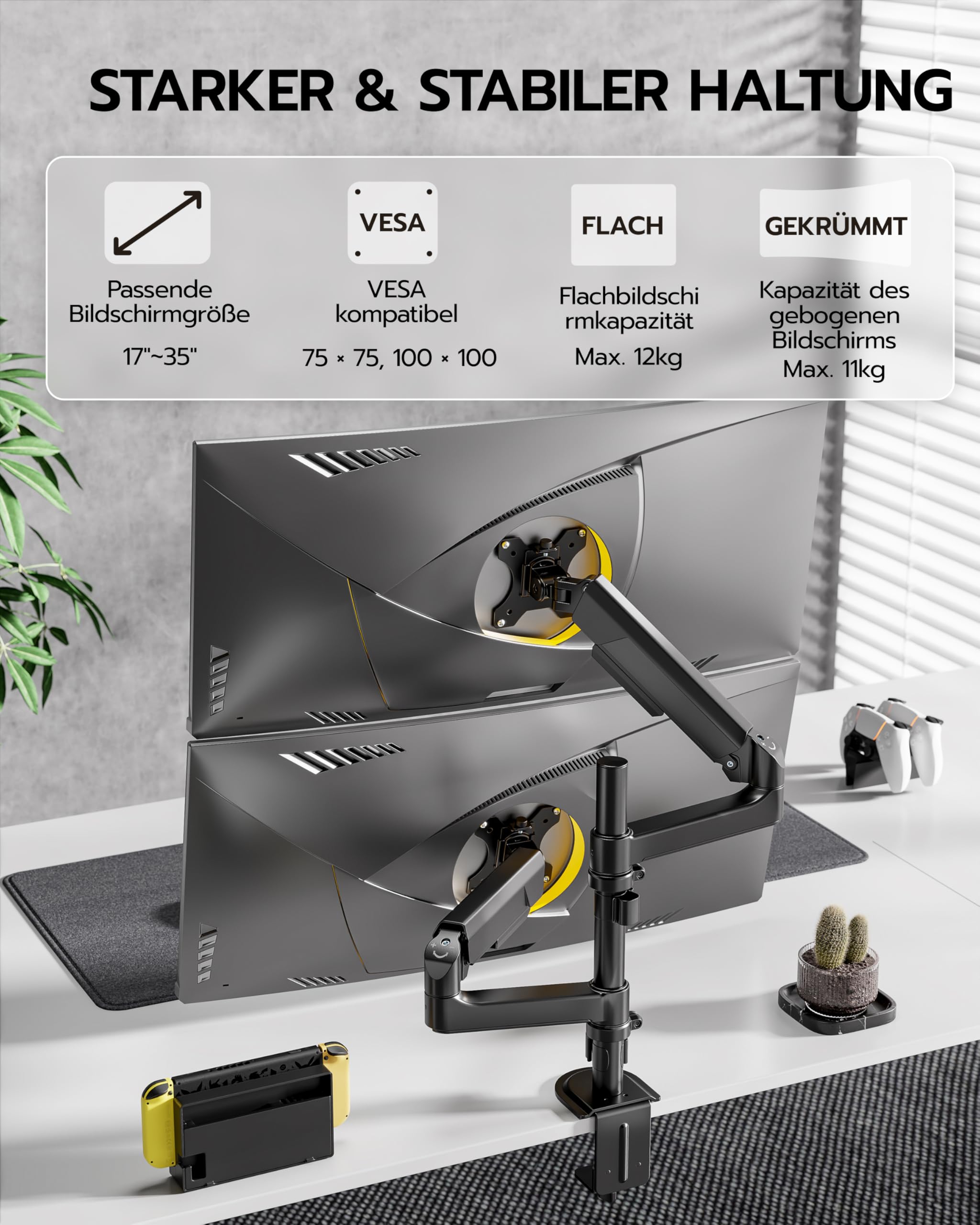 ARES WING Dual Monitorarm für 2 Monitore 17-40 Zoll mit Stange, Schwarz