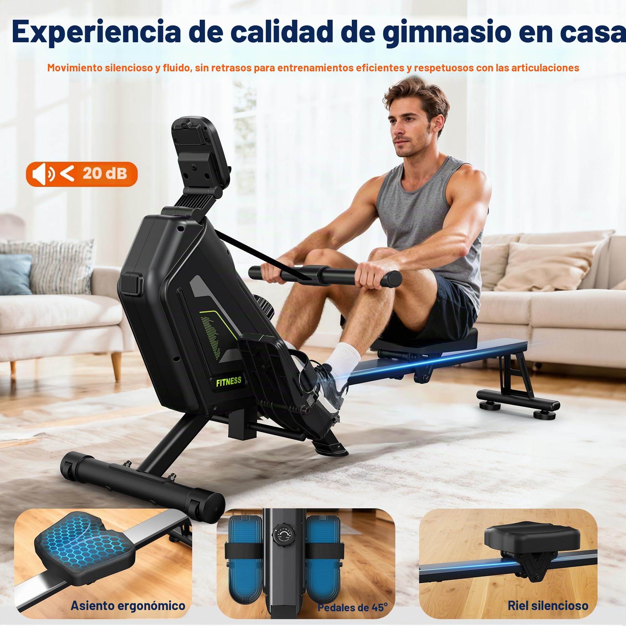 Máquina de remo para el hogar – 16 niveles de resistencia, silenciosa máquina de remo magnética con aplicación, capacidad de carga de 160 kg, fácil montaje, compacta y ahorra espacio