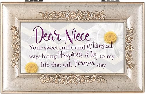 Miniatura 2 de Cottage Garden Caja de música pequeña con diseño de rosa en relieve en tono plateado con texto en relieve de sobrina Sweet Smile Bring Joy Plays You