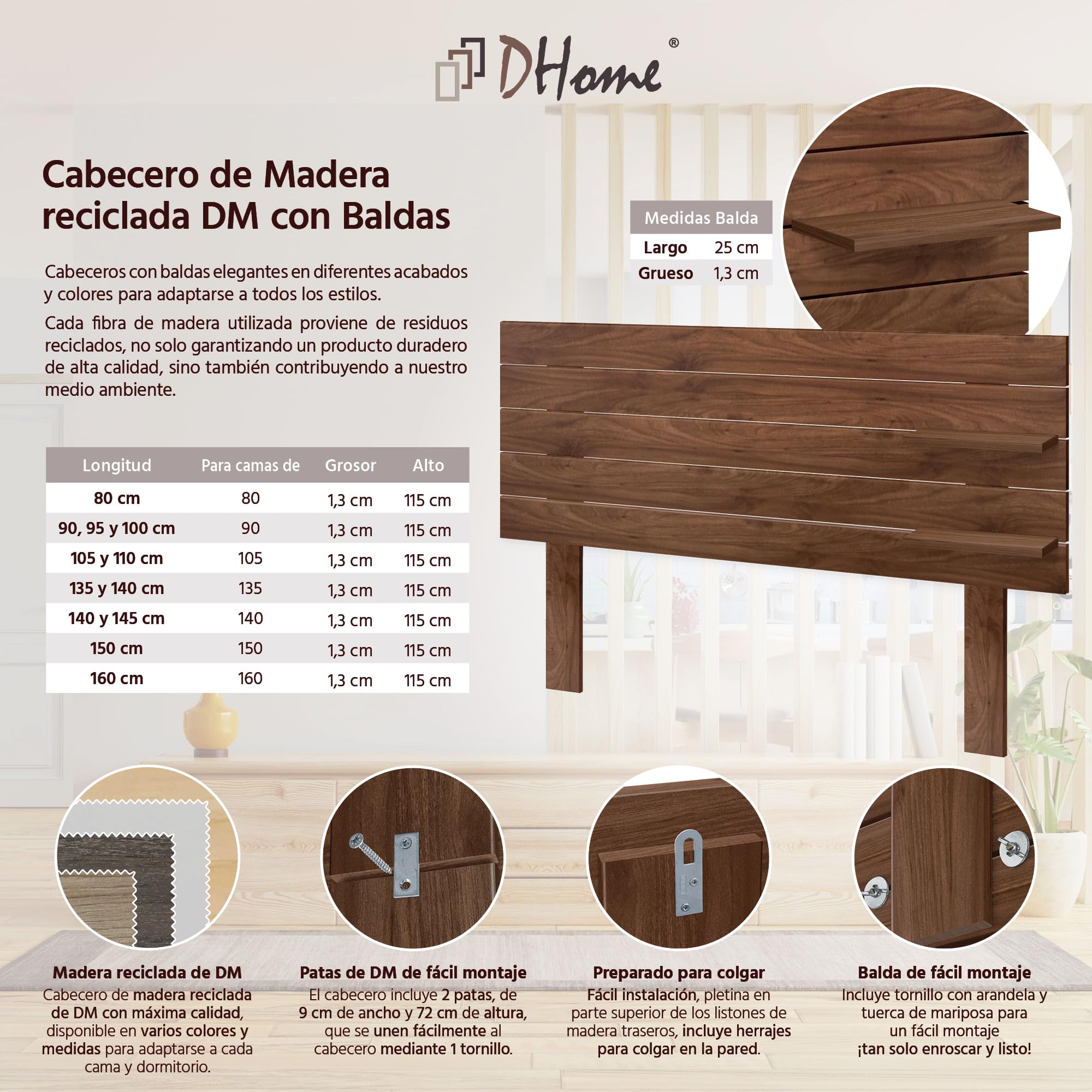 DHOME Tête de Lit avec Étagères en Bois Recyclé DM avec Pieds Suspendue au Mur Style Palette Lit Vintage Nordique Quincaillerie Incluse (Palette Horizontale, Noyer Bois, 160cm)