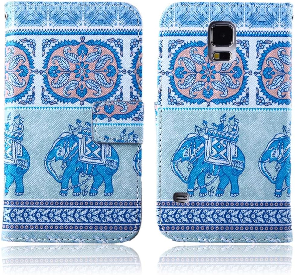 Tramsla for S5 i9600 Case,Premium PU Leather Wallet Blue Elephants Pattern Design Flip Case Cover Folio Stand for Samsung Galaxy S5 i9600 - A3