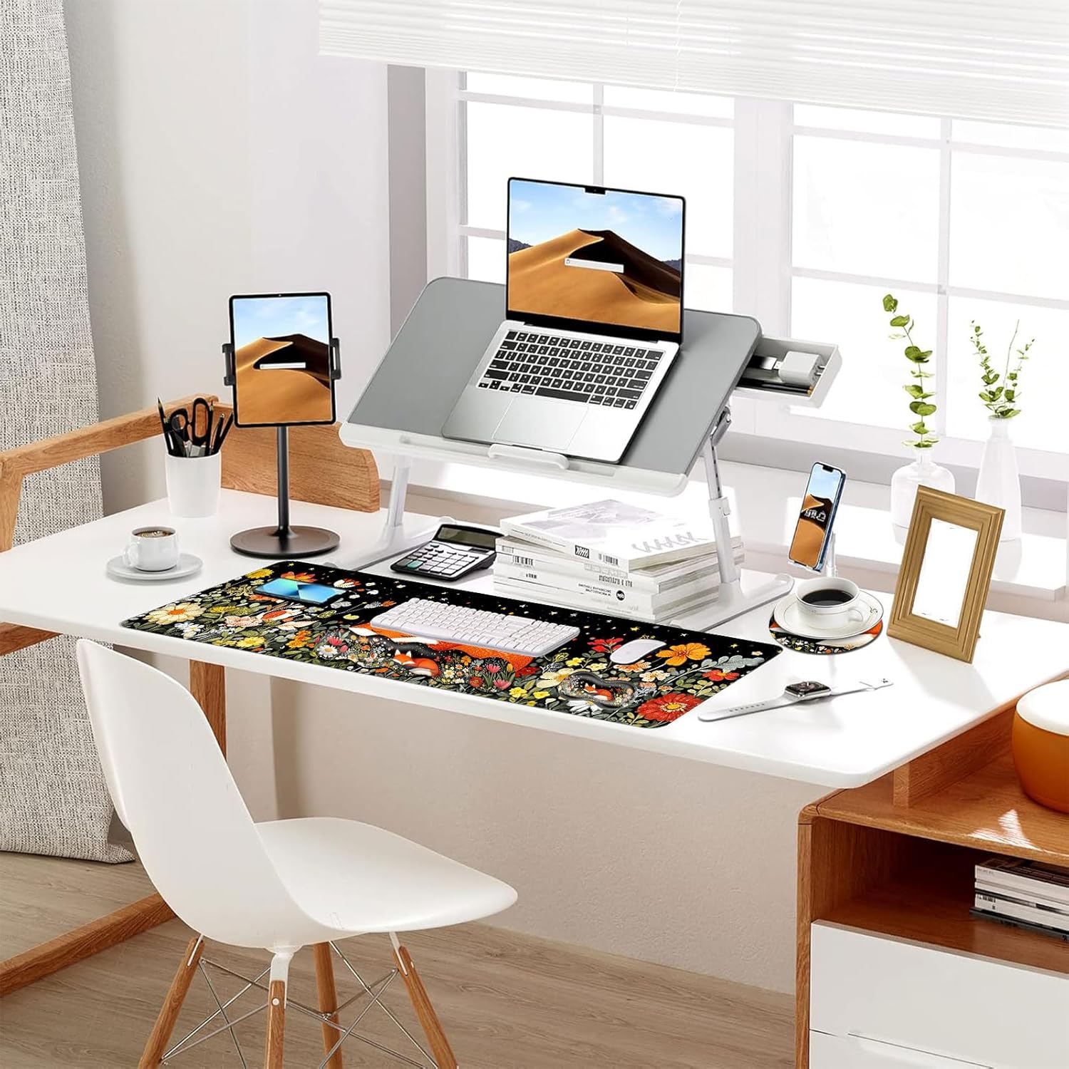 Keyboard Mouse Pad Set, Extended Gaming Mouse Pad+Ergonomics Keyboard Wrist Rest Support, Memory Foam, Easy Typing Pain Relief, 4Pcs XL Ultra Thick Desk Mat,Sleeping Fox in Starry Night