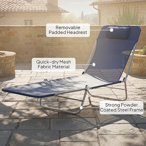 Miniatura 5 de Outsunny Silla Tumbona Plegable, Silla de Bronceado para Piscina, Silla de Salón al Aire Libre con Respaldo Reclinable, Asiento de Malla Azul