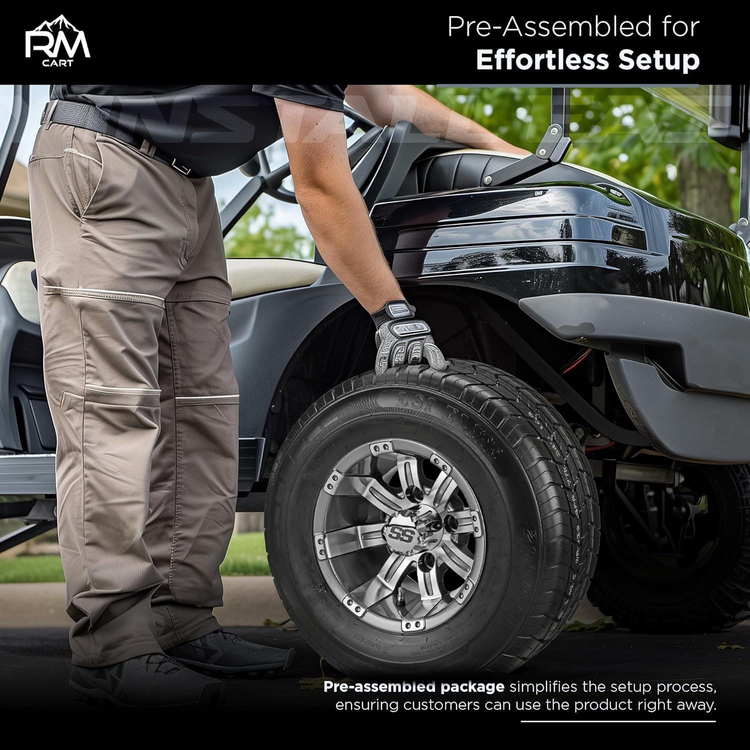 RM Cart 10" Casino Gun Metal Gray/Machined on 205/65R10 LSI Elite Radial Tires (Set of 4) | Golf Cart Tires and Wheels Combo with Metric Lug Nuts