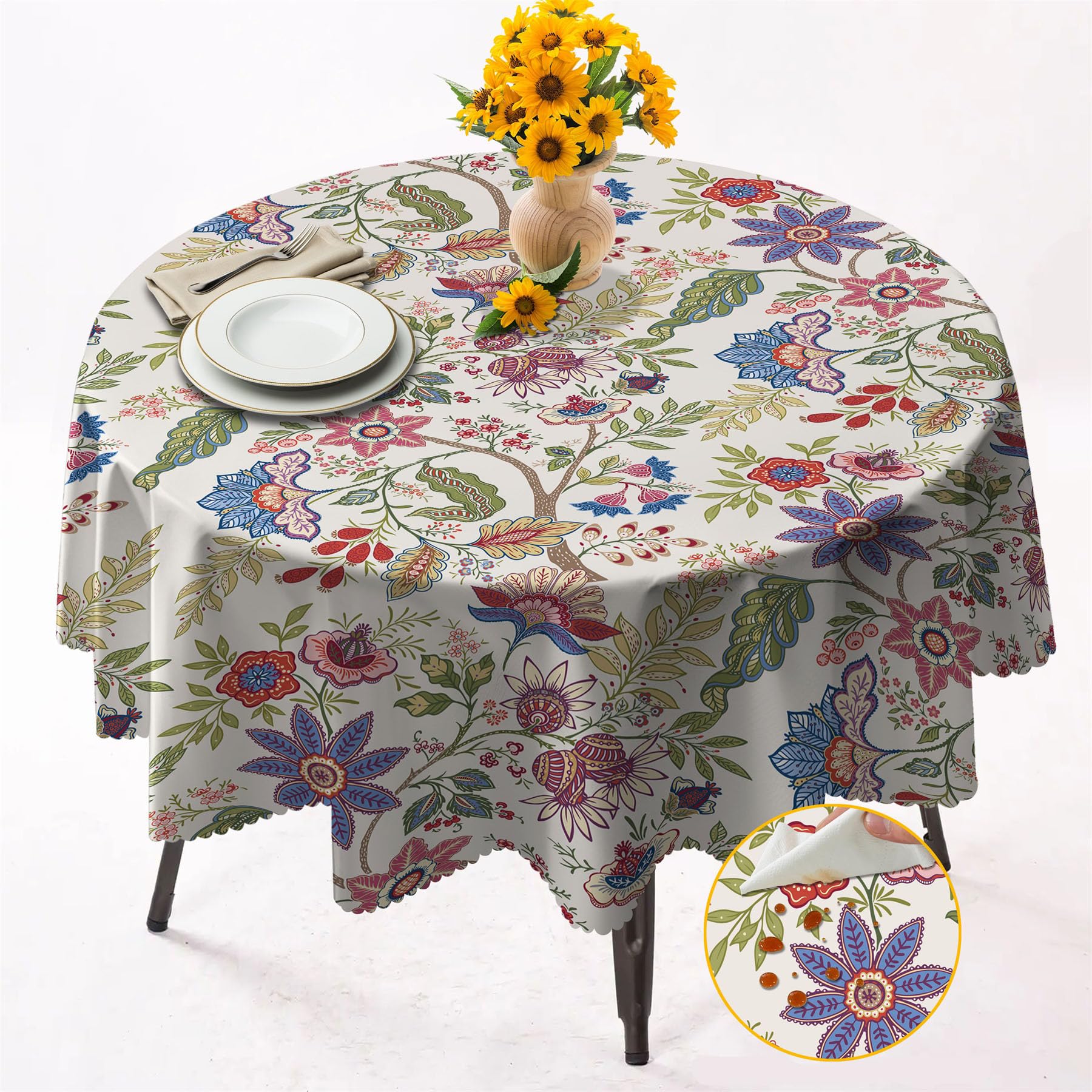 OliveSleep Round Tablecloth 152cm Wrinkle Free Washable Polyester Table Cloth for Circular Table, Home Dining Party Use,Plants and Flowers Round Wipe Clean Tablecloth 60 Inches (Color 07)
