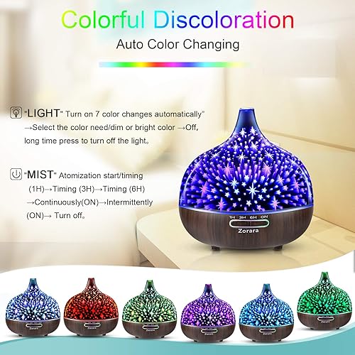 Miniatura 4 de Difusor de aceite esencial de 18.6 fl oz, humidificador de niebla fría de vidrio 3D, humidificador ultrasónico de aromaterapia con 7 luces LED que