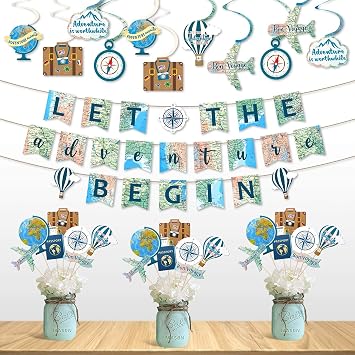Yaaaaasss! 52pcs Travel Themed Party Decorations Let the Adventure Begin Banner Hanging Swirls Table Toppers for Bon Voyage Travel Around The World Adventure Farewell Travel Party Supplies