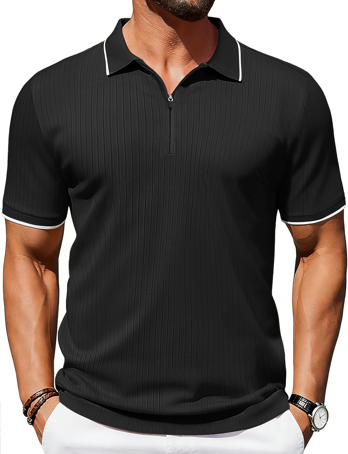 Cotrasen Mens Zipper Polo Shirts Short Sleeve Dual Tipped Collar Golf Shirts Fashion Textured Slim Fit T-Shirts