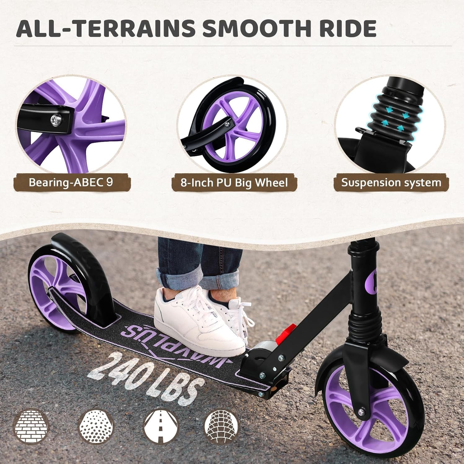 WAYPLUS KS1 Kick Scooter for Ages 6+,Kid, Teens & Adults. Max Load 240 LBS. Foldable, Lightweight, 8IN Big Wheels for Kids, Teen and Adults, 4 Adjustable Levels. Bearing ABEC9 FED Fitness