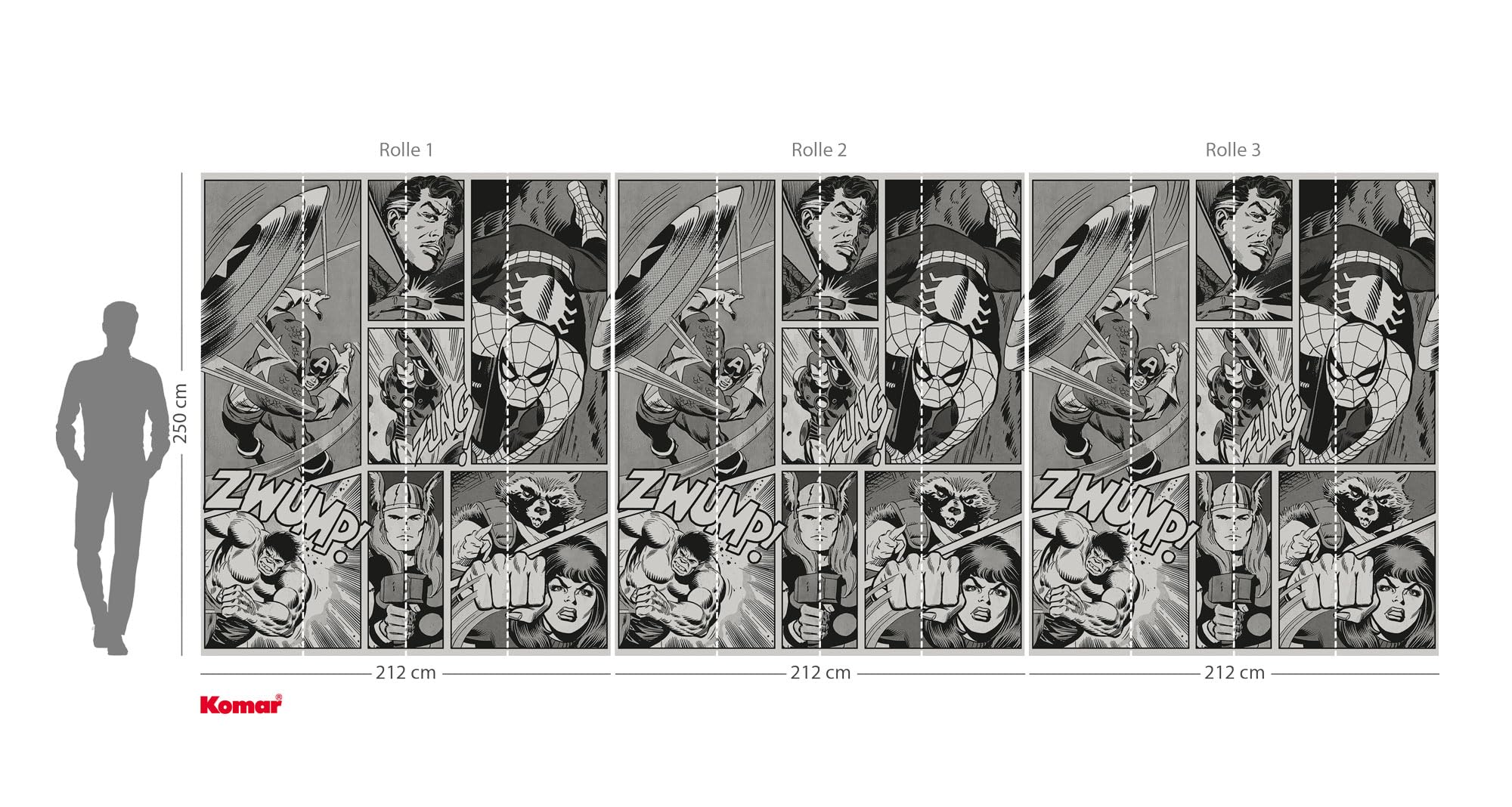 Carta da parati in vinile Marvel Classic Comic Panel Monocromatico, dimensioni 212 x 250 cm, 1 rotolo con 4 pannelli, cameretta dei bambini, carta da parati, supereroi
