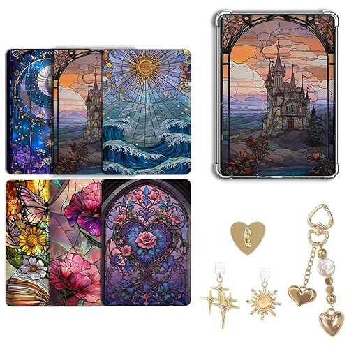 CuddleJunk 6 pcs Inserts Cardstock Paper for E-Reader, and 2 pcs Dust Plug Charms, 1 Chain Charm Set, 6.8"x4.8" Cardstock Insert Accessories for Paper white 11th-12th, Gift for Book Lover - style-E - 6.8 Inches X 4.8 Inches