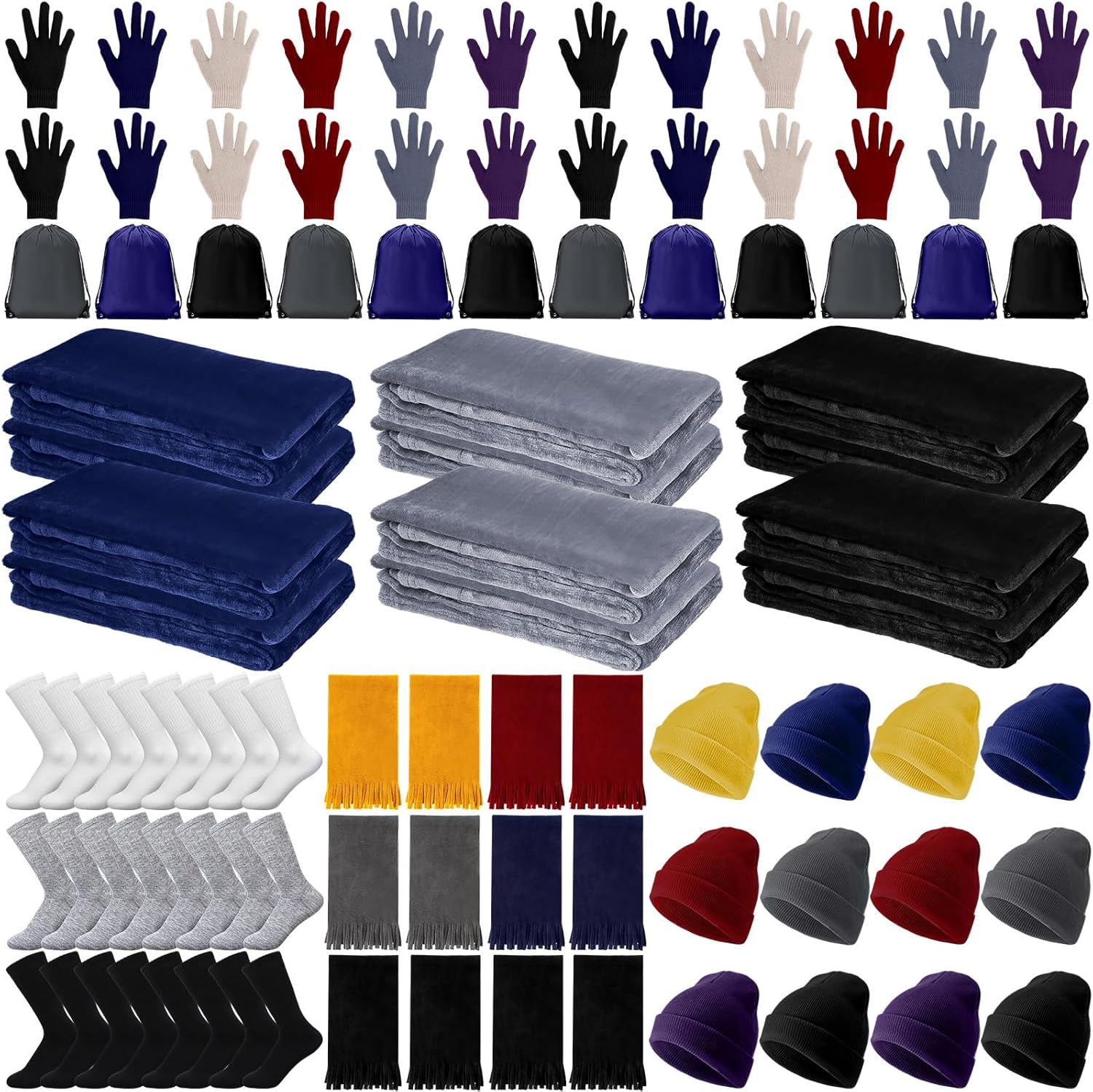Suhine Homeless Care Package Supplies Bulk Blankets Winter Gloves Beanies Scarves Socks Drawstring Bags for Unisex