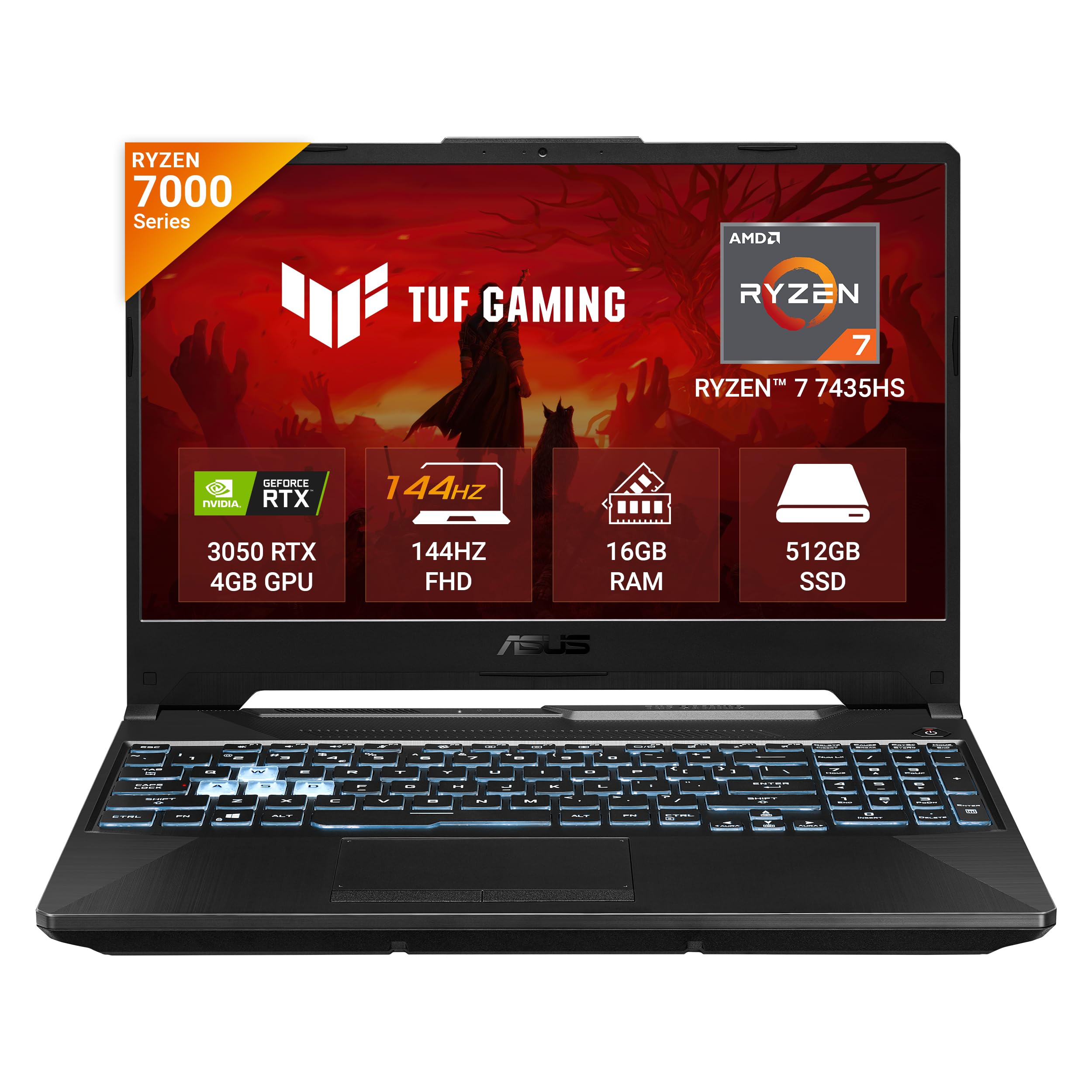 ASUS TUF Gaming A15, AMD Ryzen 7 7435HS Gaming Laptop(NVIDIA RTX 3050-4GB/60W TGP/16GB RAM/512GB SSD/FHD/15.6"/144Hz/RGB KB/48WHr/Windows 11//Graphite Black/2.30 Kg) FA506NCR-HN054W
