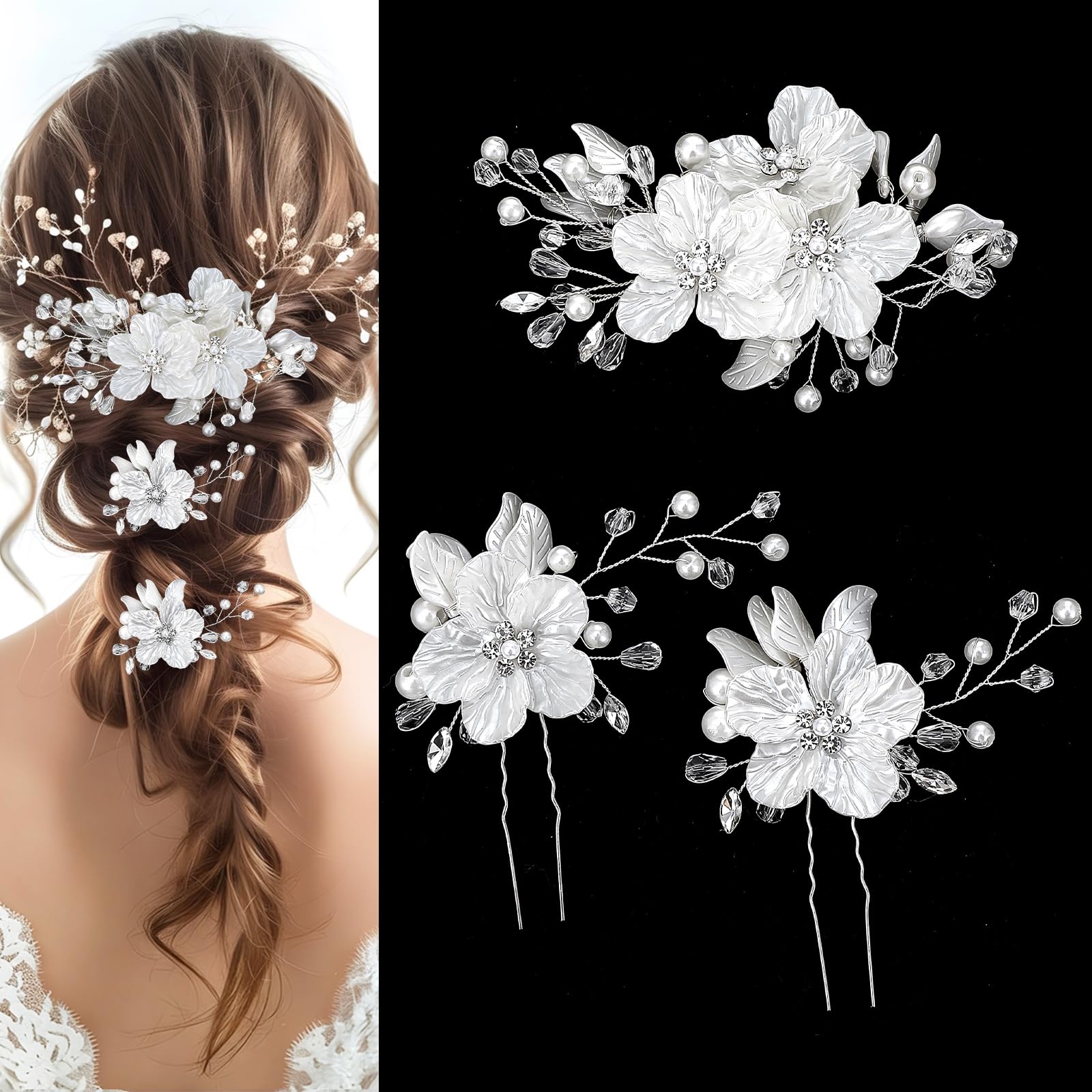 3 PCS White Flower Hair Clip with Pearls & Rhinestones, Ymapinc Bridal Hair Pins for Women, Wedding Pearl Hair Accessories, White Wedding Bride Hair Clip, Flower Clips for Hair