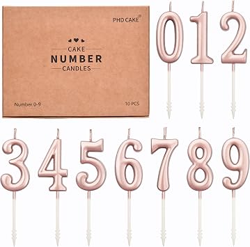 PHD CAKE 10-Pieces Rose Gold Numeral Birthday Candles, Cake Numeral Candles Number 0-9 Glitter Cake Topper Decoration for Birthday,Wedding Anniversary,Party Celebration