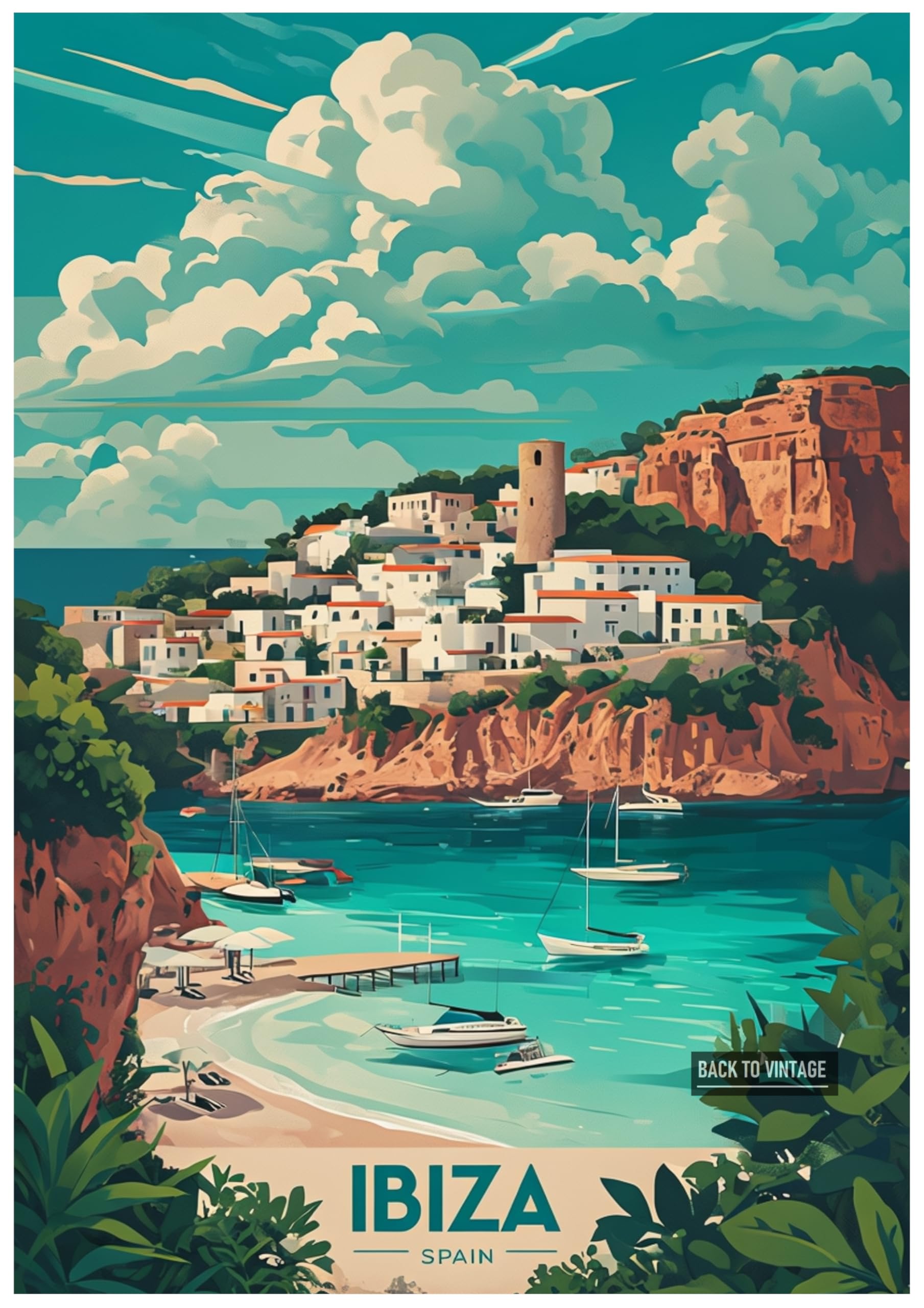 Back To Vintage Multicoloured Vintage Travel Illustration Of Picturesque Ibiza Coastal Village - Retro Europe Travel Poster A4 Size Vintage Wall Art Print Of Famous European Destinations Ideal For Home Or Office Decor