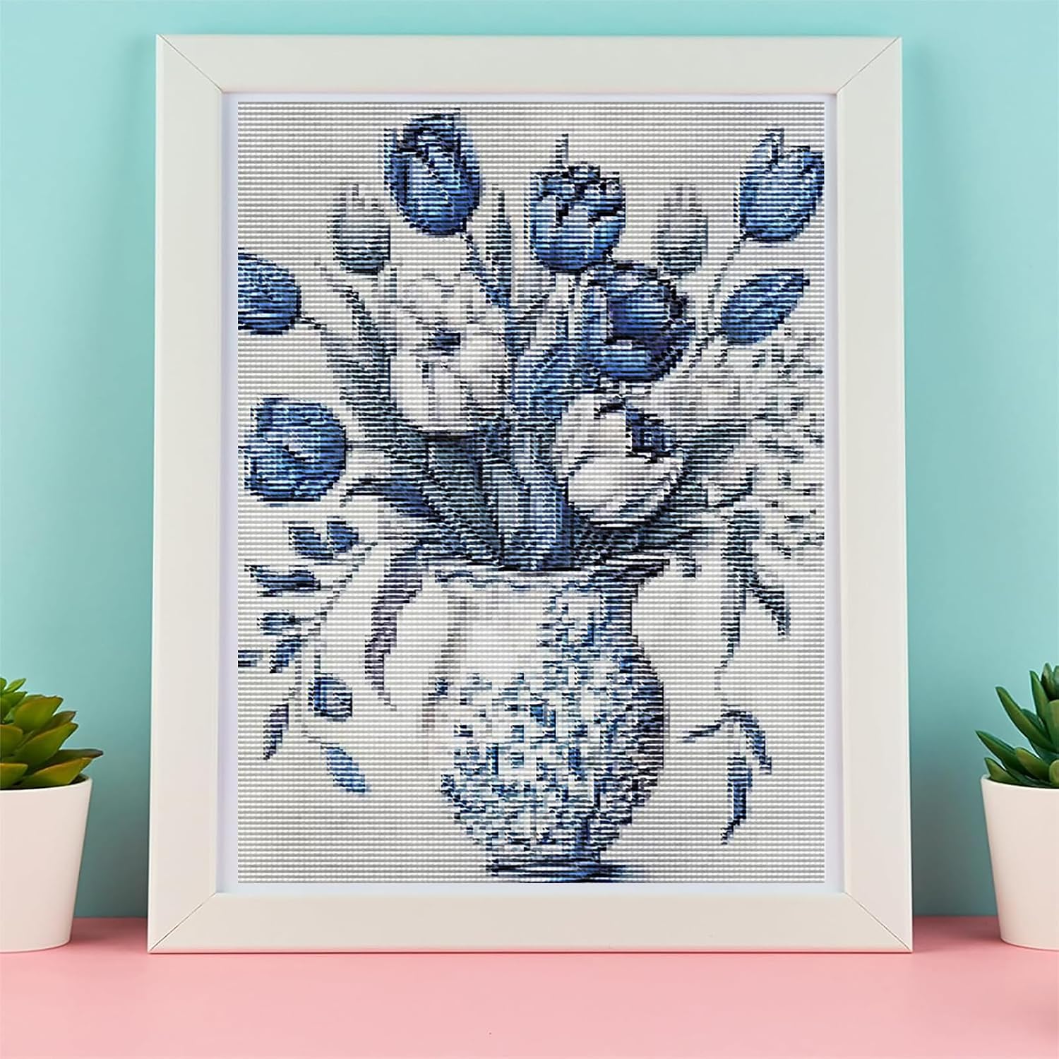 KFBXZIP DIY 11CT Blue White Flowers Stamped Cross Stitch Kits for Beginners and Adults Embroidery Starter Patterns DIY Printed Cross Stitch Kits Needlepoint for Adults, 12x16 inch