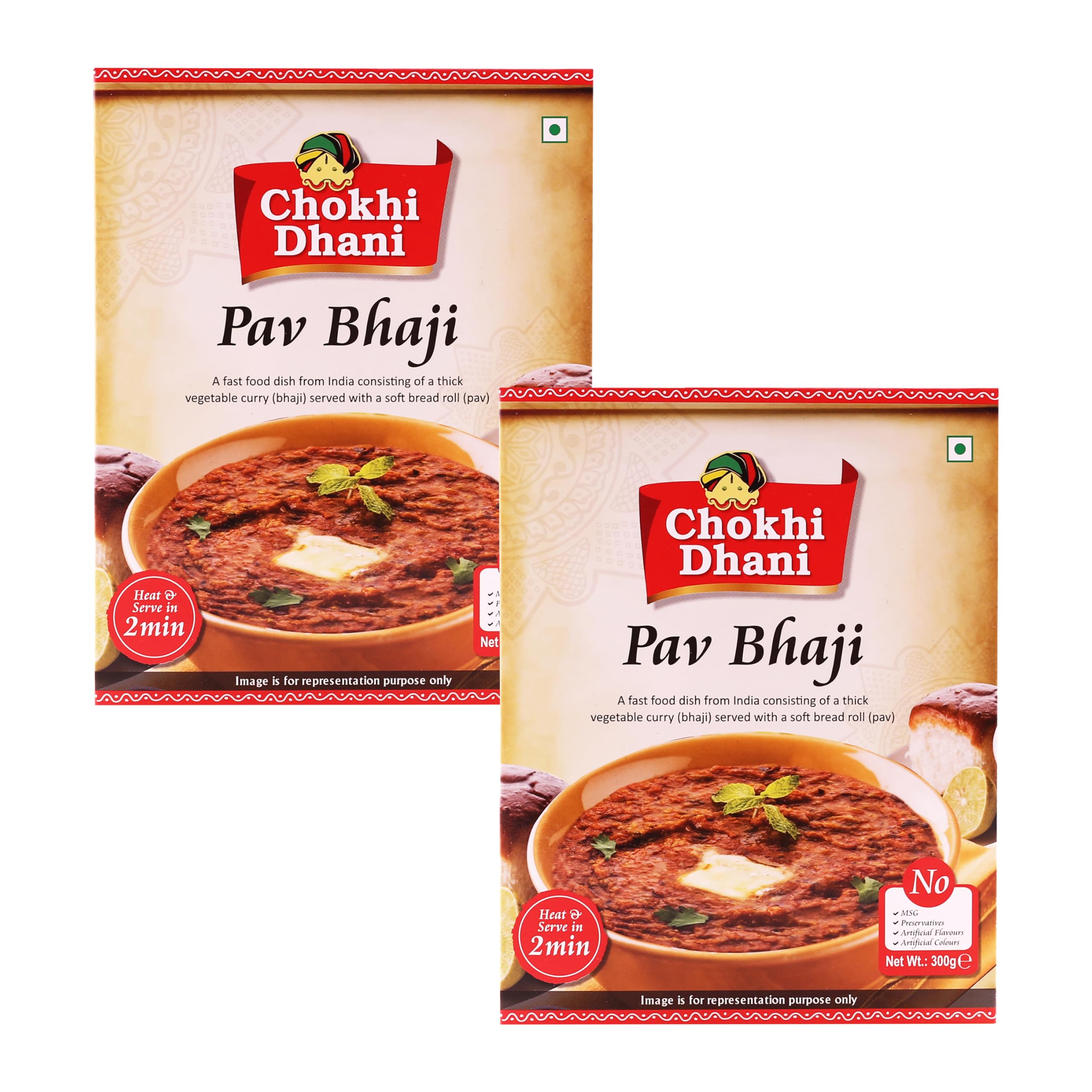 Chokhi Dhani Ready to Eat Pav Bhaji Pack of 2 (300g Each) | Mumbai Street Style Bhaji | Heat & Eat Indian Meal | Spicy Veg Curry