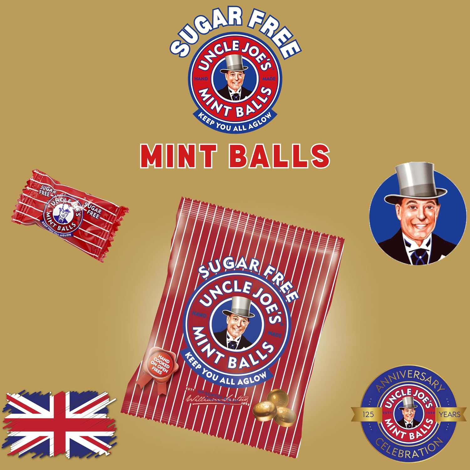 Uncle Joe’s Sugar Free Mint Balls 2.1 Oz (Pack of 6) | Handmade Vegan British Candy | Real Peppermint Oil Mints Individually Wrapped Hard Candy | English Breath Mints Gift & After Dinner Treat from UK