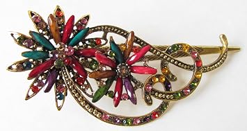 Elegant Barrette or Hair Clip Gold Tone Metal Encrusted with Glass Flowers and a Stunning Array of Glittering Crystals Available in Five Colors Multi