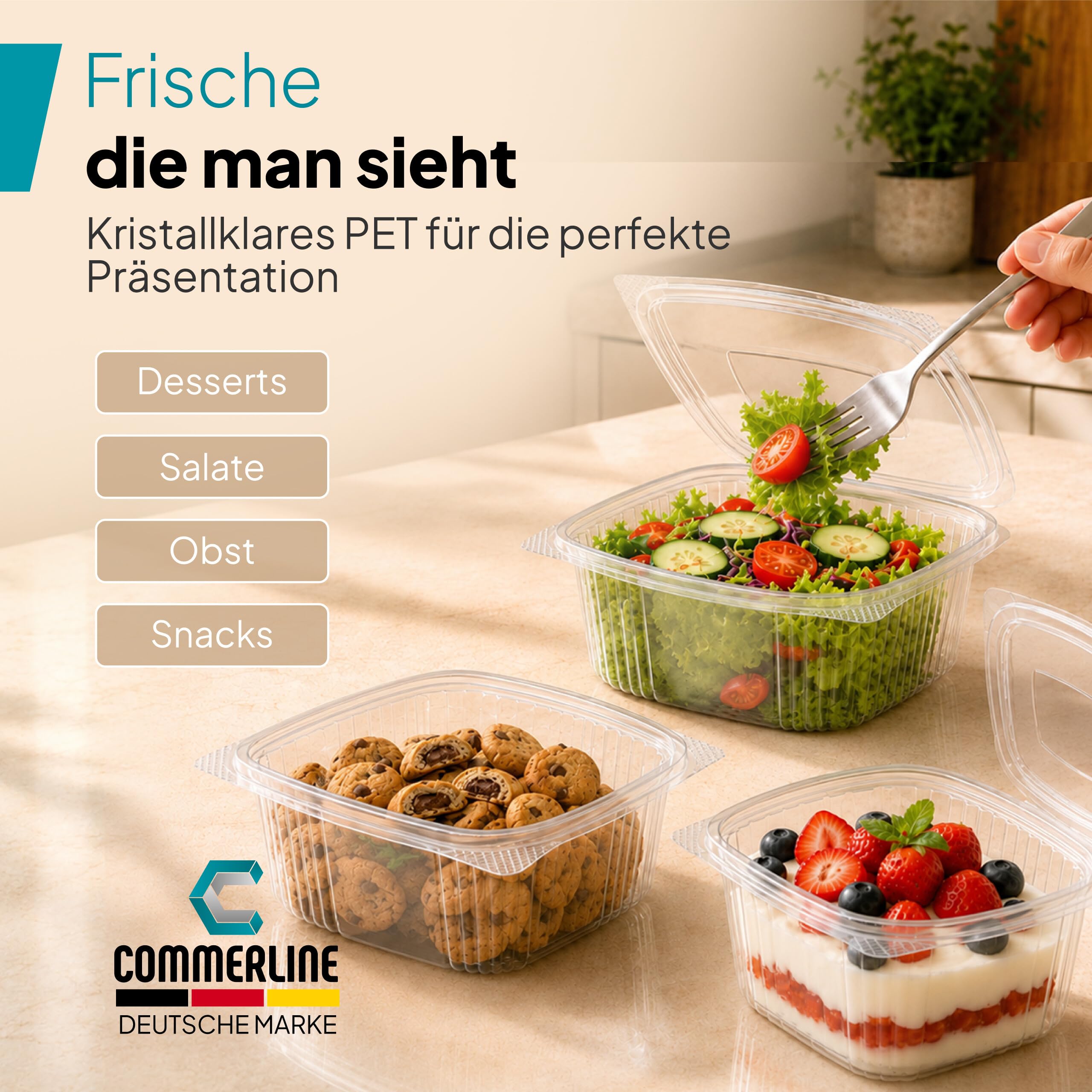 Commerline 300 Pezzi Ciotole Rettangolari da 1500 ml con Coperchio | Contenitori a Conchiglia in Plastica Trasparente Alimenti | Contenitori Preparazioni Fredde Servizio di Consegna, Asporto