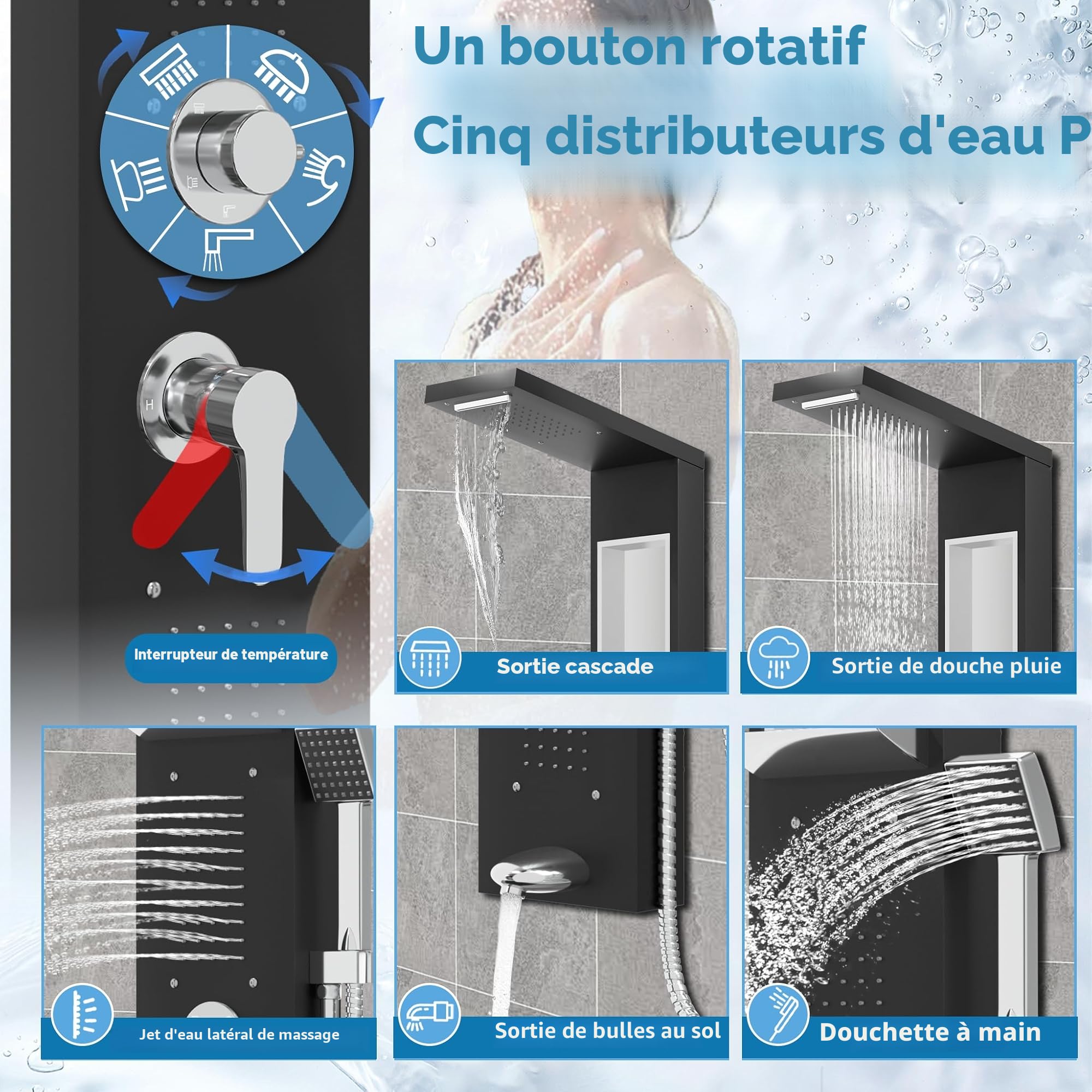 YUENFONG Panneau de douche 5 en 1 en acier inoxydable avec douche à effet pluie, cascade, massage du dos, douchette, montage mural facile, noir