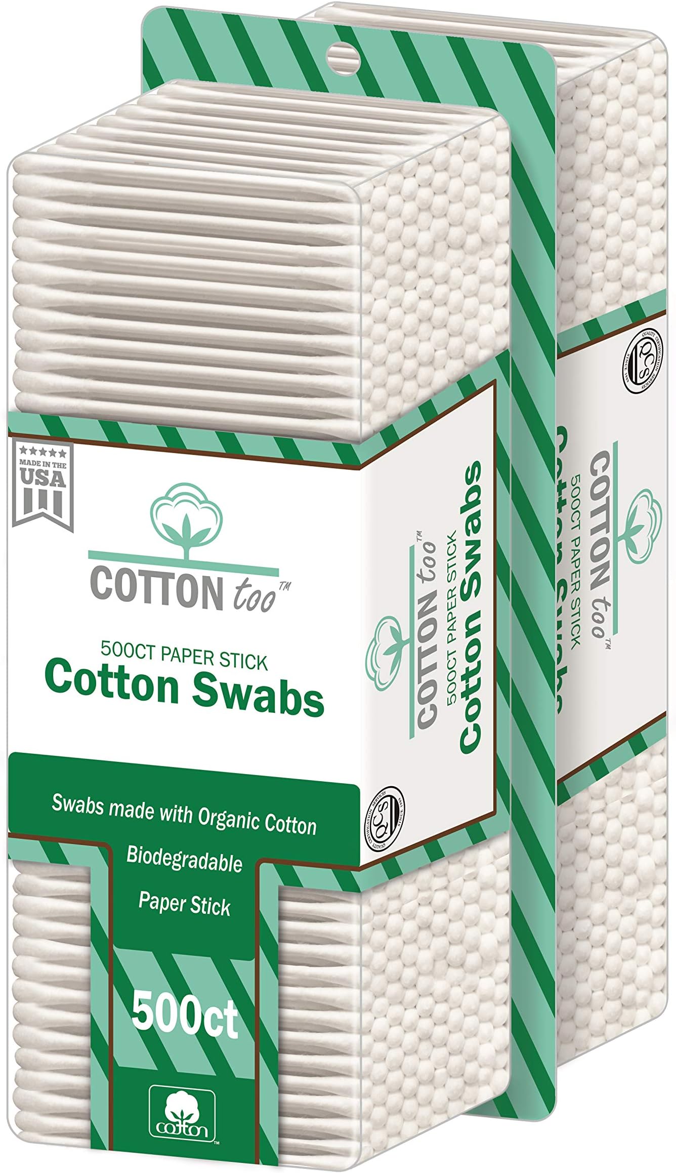 Cotton Too 500 Count Organic Cotton Swabs, 2 Pack