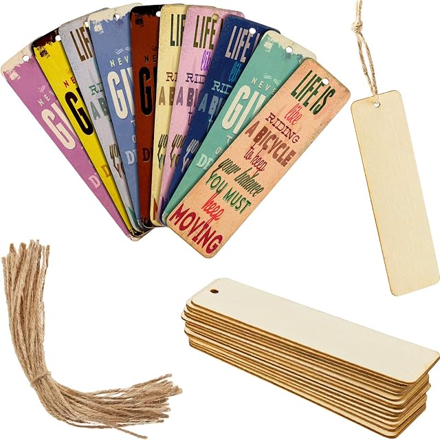 Blank Wooden Bookmarks DIY Wooden Craft Bookmark Unfinished Wooden Hanging Tags Blank Rectangle Bookmarks with Holes and Ropes for Christmas (24 Pcs)