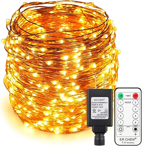 ErChen - Tira de luces LED de alambre de cobre, enchufe de 165 pies, 500 luces LED con control remoto RF, 8 modos de temporizador, regulable, para