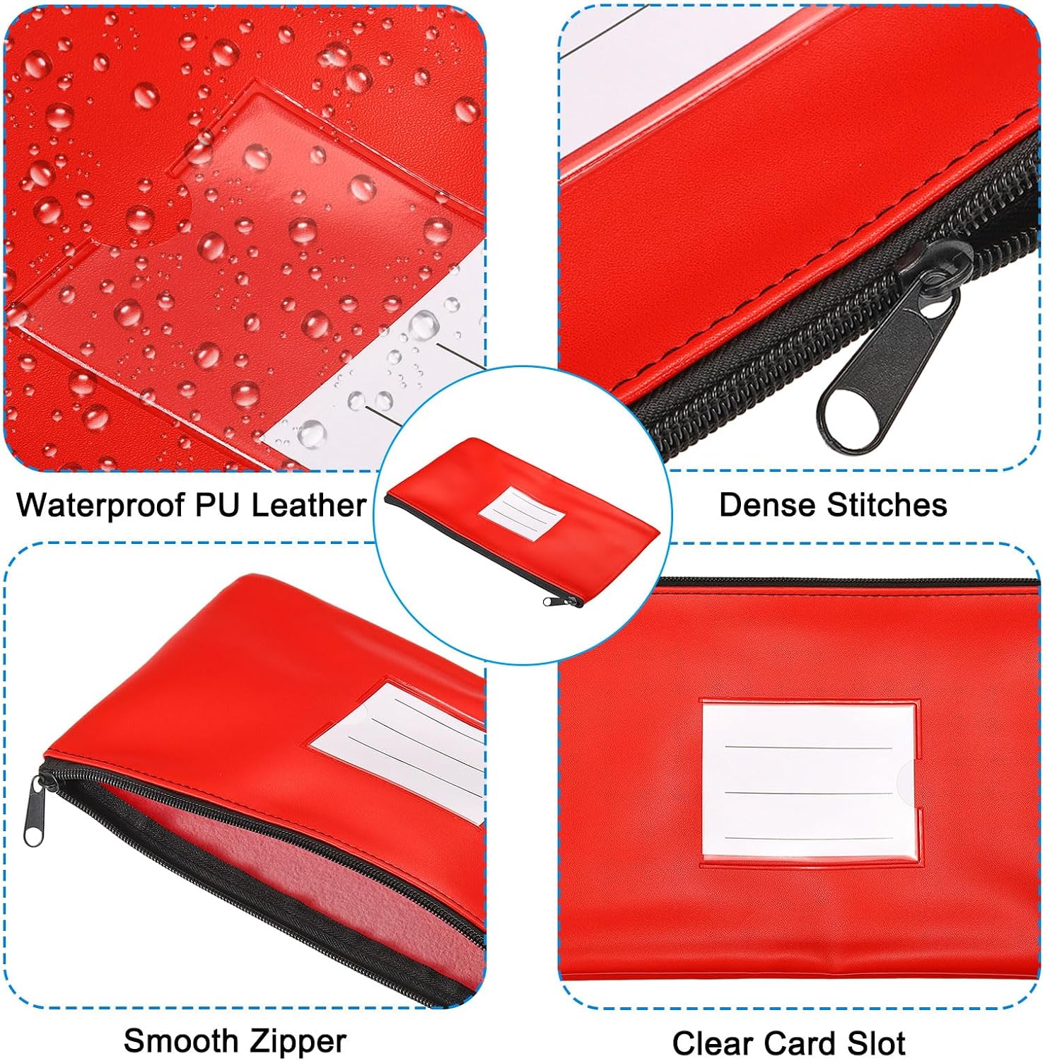 PATIKIL 11x6" Money Bank Deposit Bag with Zipper, Leatherette Cash Coin Check Wallet Pen Pouch Bag with Clear Window for Office Travel, Red image 4