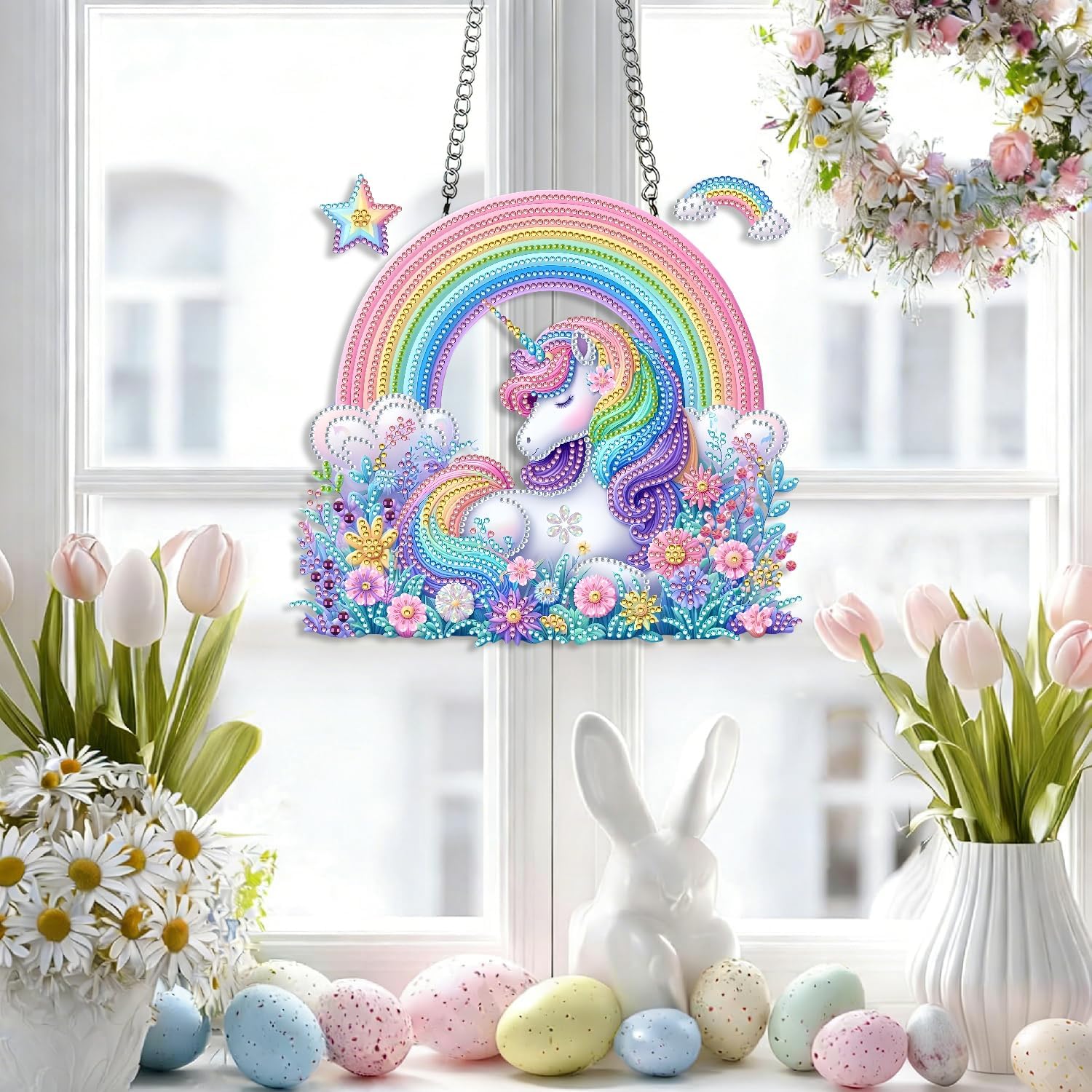 LPDJITO Unicorn Diamond Painting Art Hanging Kits, Special Shaped Rhinestone Statues Pendant Diamond Painting, 5D Rainbow Unicorn Diamond Art Figurines Sculpture Ornaments Crafts Kits for Adults